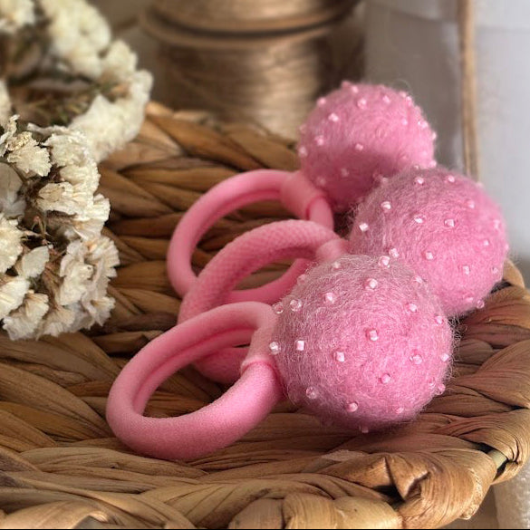 Light Pink Pom Pom Hair Ties, Set of 2, with Pearlescent Pink Beads