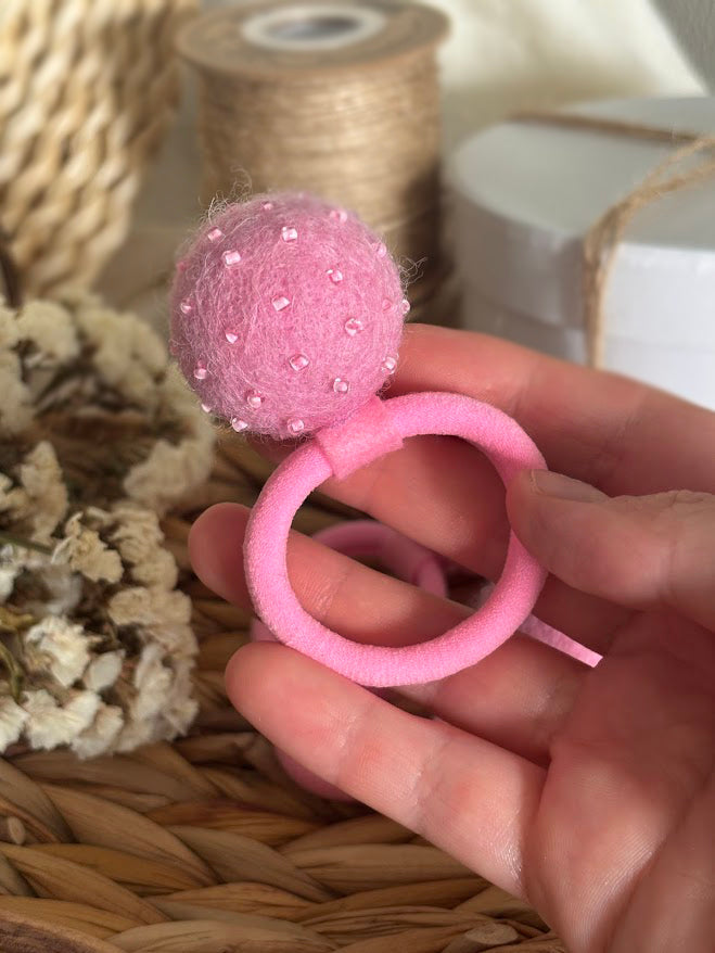 Light Pink Pom Pom Hair Ties, Set of 2, with Pearlescent Pink Beads