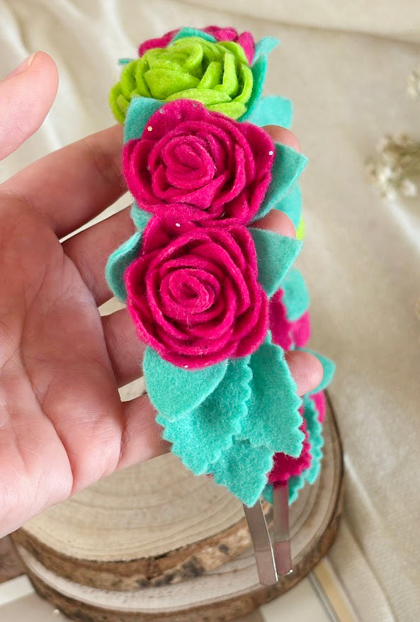 Handmade Girls Rose Hair Band - Green & Magenta