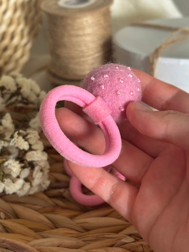 Light Pink Pom Pom Hair Ties, Set of 2, with Pearlescent Pink Beads