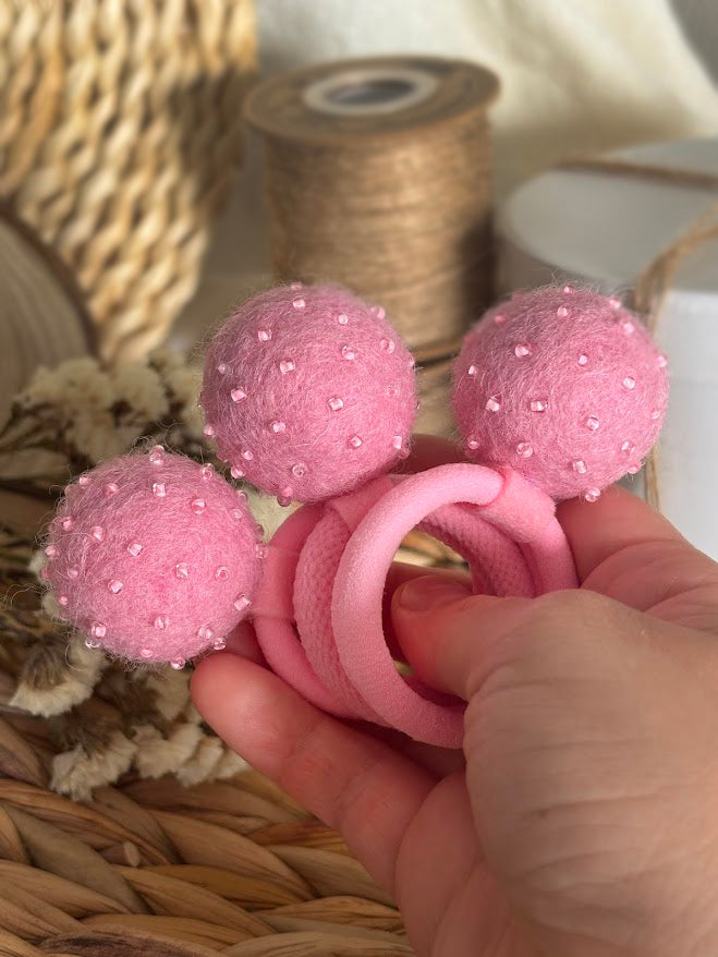 Light Pink Pom Pom Hair Ties, Set of 2, with Pearlescent Pink Beads