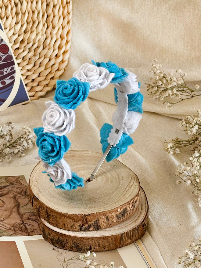 Handmade Girls Rose Hair Band - Sky Blue & White