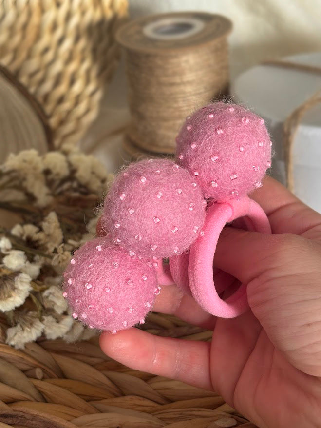 Light Pink Pom Pom Hair Ties, Set of 2, with Pearlescent Pink Beads