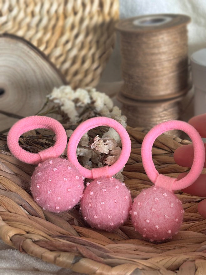 Light Pink Pom Pom Hair Ties, Set of 2, with Pearlescent Pink Beads