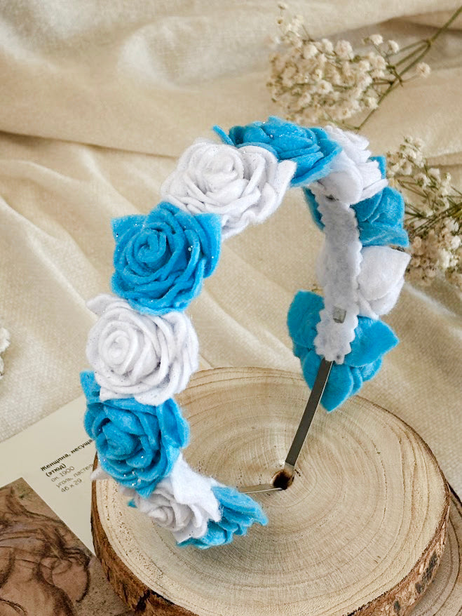 Handmade Girls Rose Hair Band - Sky Blue & White