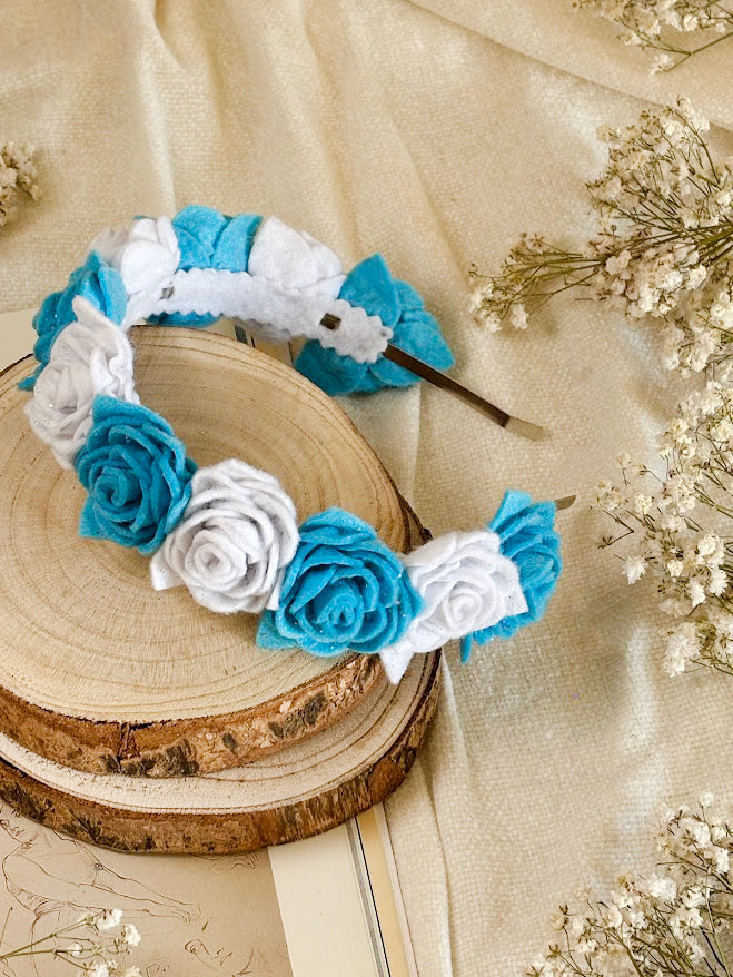 Handmade Girls Rose Hair Band - Sky Blue & White