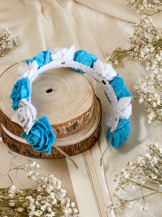 Handmade Girls Rose Hair Band - Sky Blue & White