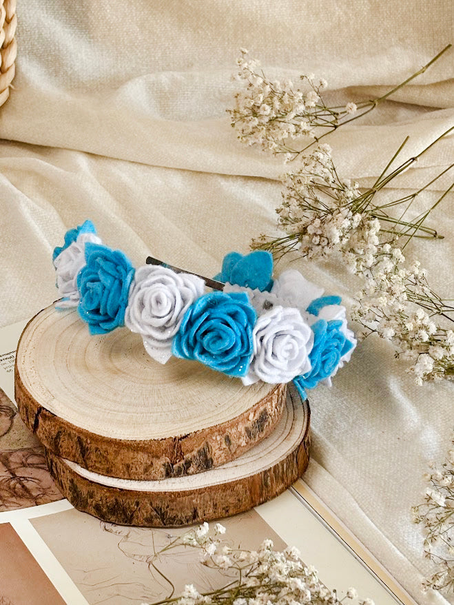 Handmade Girls Rose Hair Band - Sky Blue & White