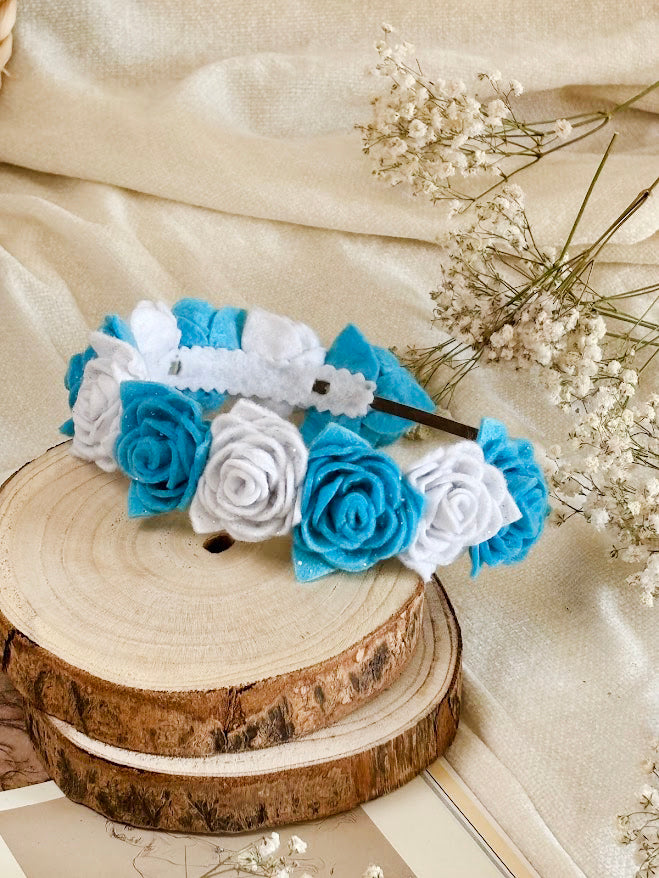 Handmade Girls Rose Hair Band - Sky Blue & White