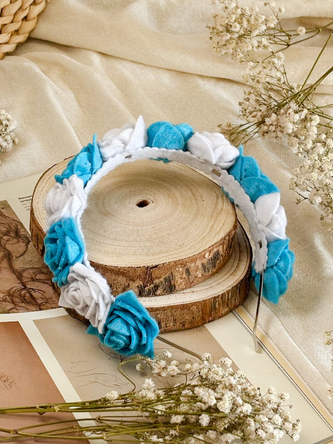 Handmade Girls Rose Hair Band - Sky Blue & White