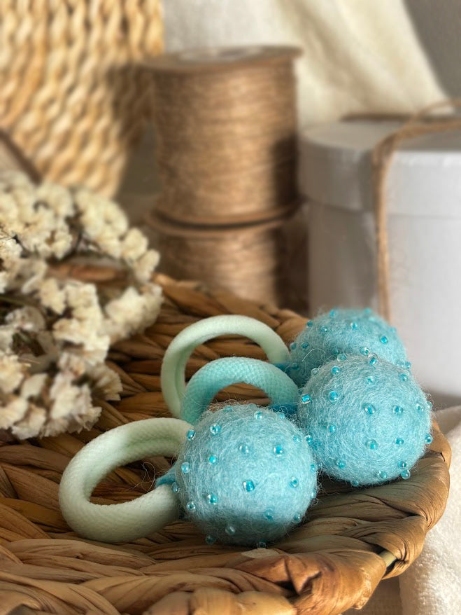Mint Turquoise Pom Pom Hair Ties, Set of 2, with Blue Beads