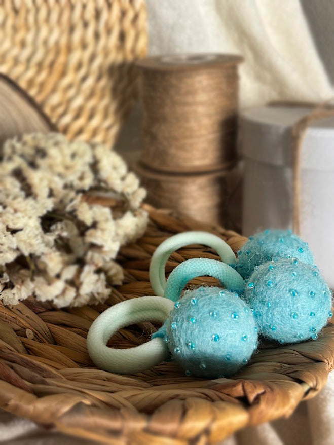 Mint Turquoise Pom Pom Hair Ties, Set of 2, with Blue Beads