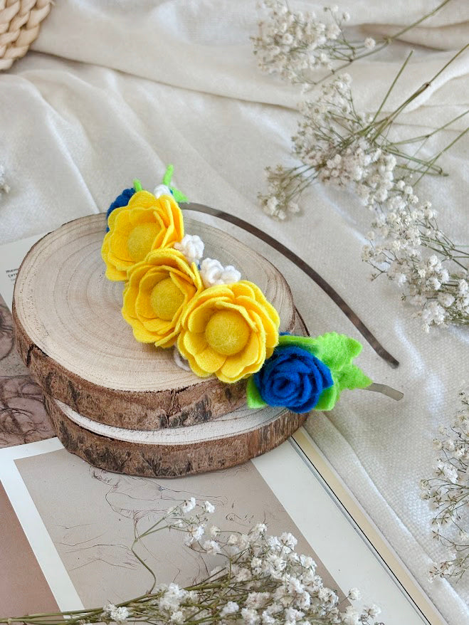 Handmade Girls Side Rose Hair Band - Yellow, Blue & Green