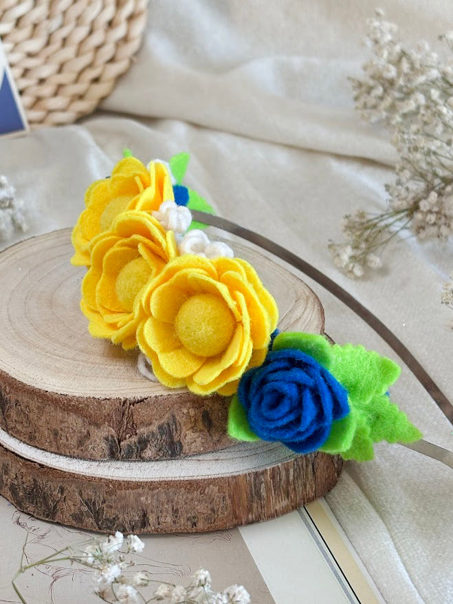 Handmade Girls Side Rose Hair Band - Yellow, Blue & Green