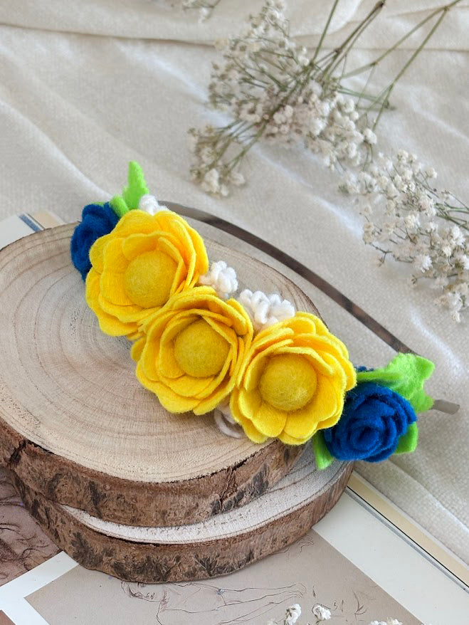 Handmade Girls Side Rose Hair Band - Yellow, Blue & Green