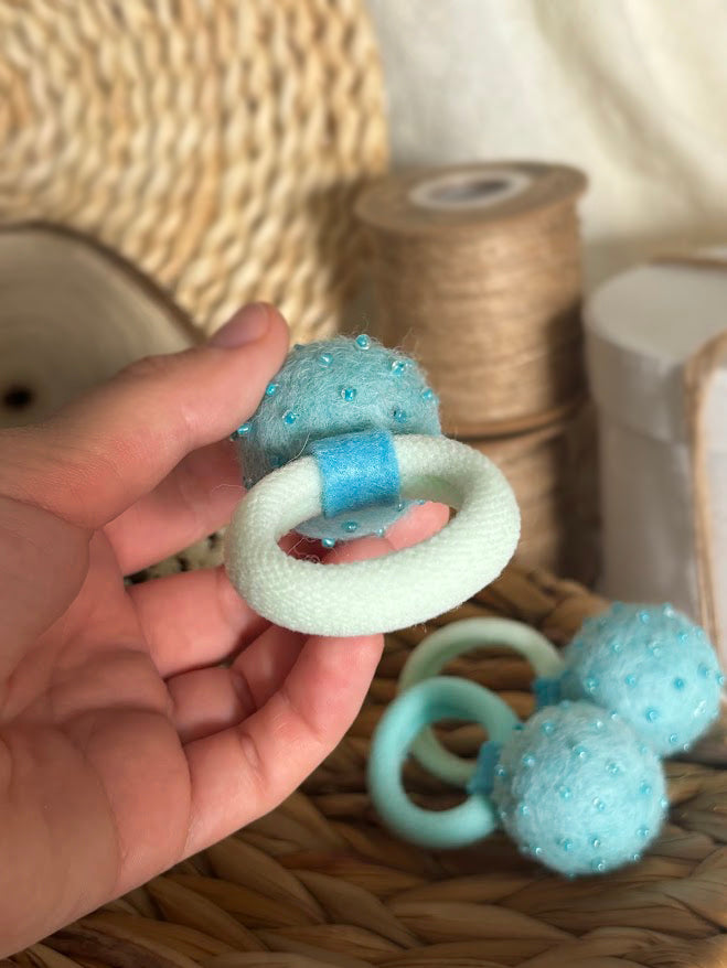 Mint Turquoise Pom Pom Hair Ties, Set of 2, with Blue Beads