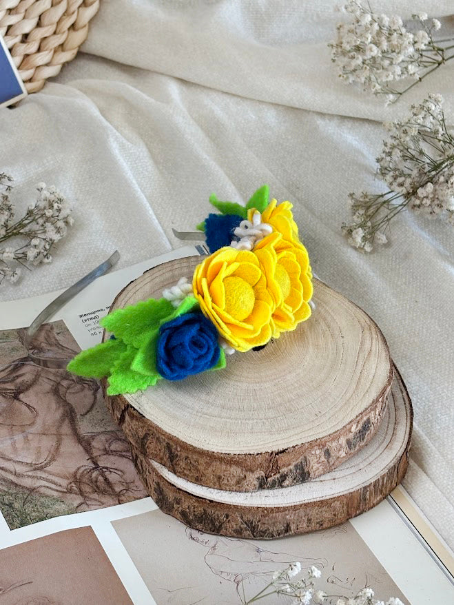 Handmade Girls Side Rose Hair Band - Yellow, Blue & Green