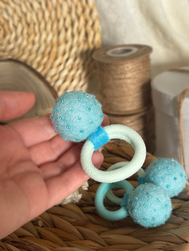 Mint Turquoise Pom Pom Hair Ties, Set of 2, with Blue Beads