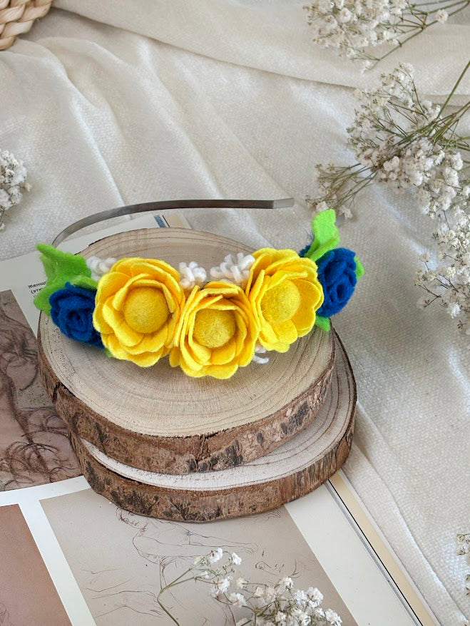 Handmade Girls Side Rose Hair Band - Yellow, Blue & Green