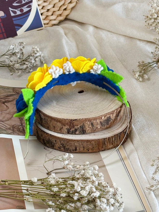 Handmade Girls Side Rose Hair Band - Yellow, Blue & Green