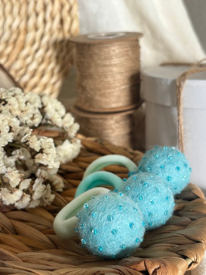 Mint Turquoise Pom Pom Hair Ties, Set of 2, with Blue Beads