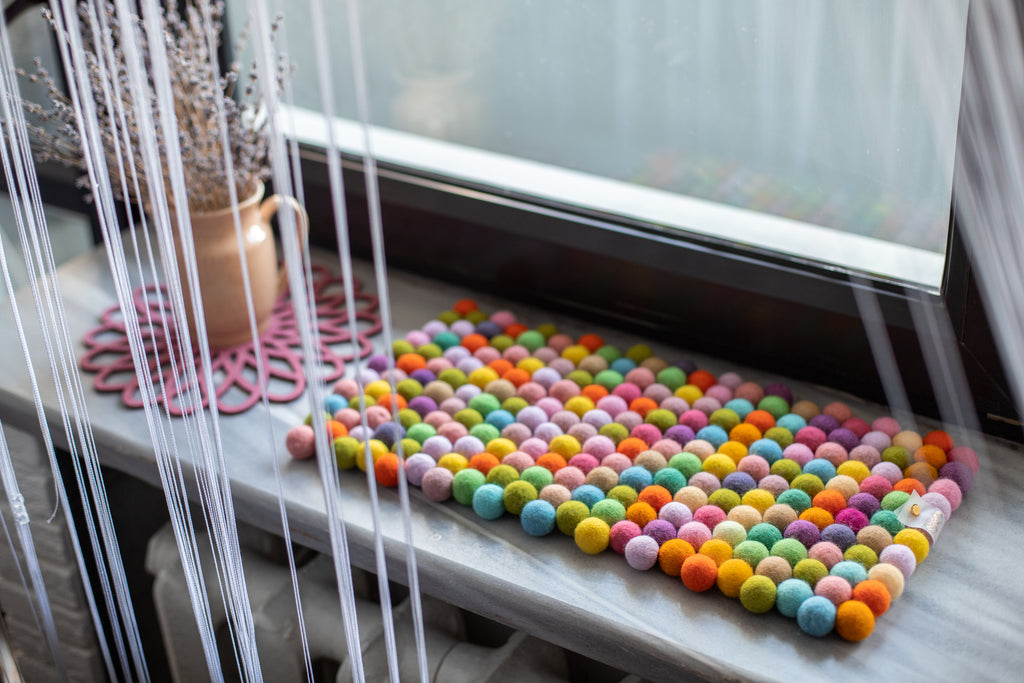 Rainbow Dreams - Wool Ball Pet Bed Mat for Cats & Small Dogs