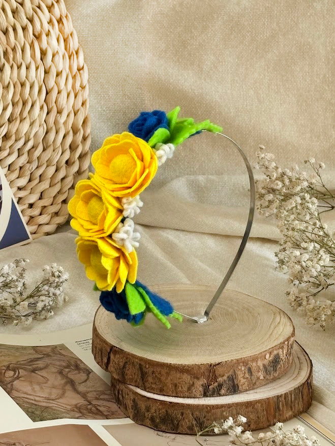 Handmade Girls Side Rose Hair Band - Yellow, Blue & Green