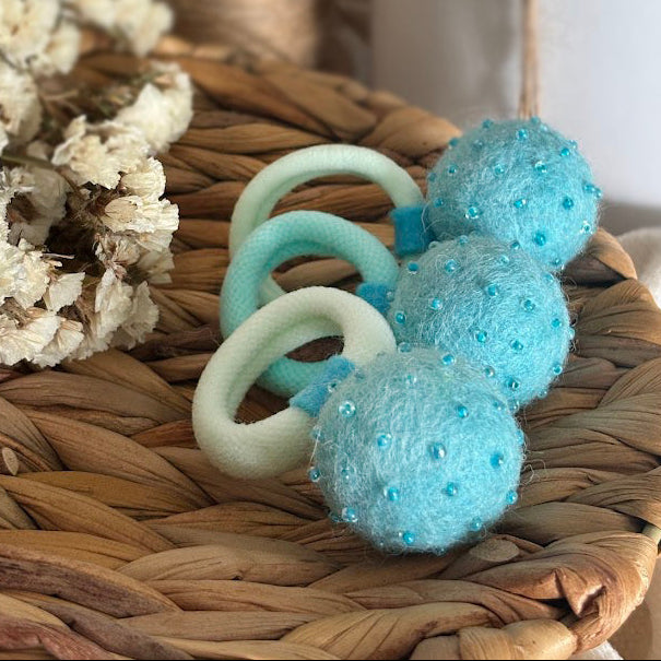 Mint Turquoise Pom Pom Hair Ties, Set of 2, with Blue Beads
