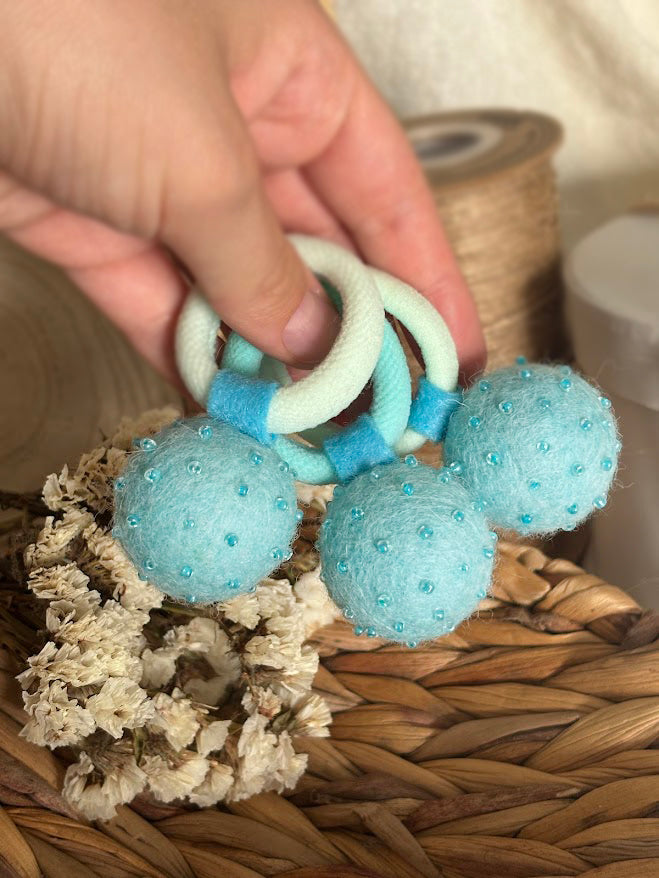 Mint Turquoise Pom Pom Hair Ties, Set of 2, with Blue Beads