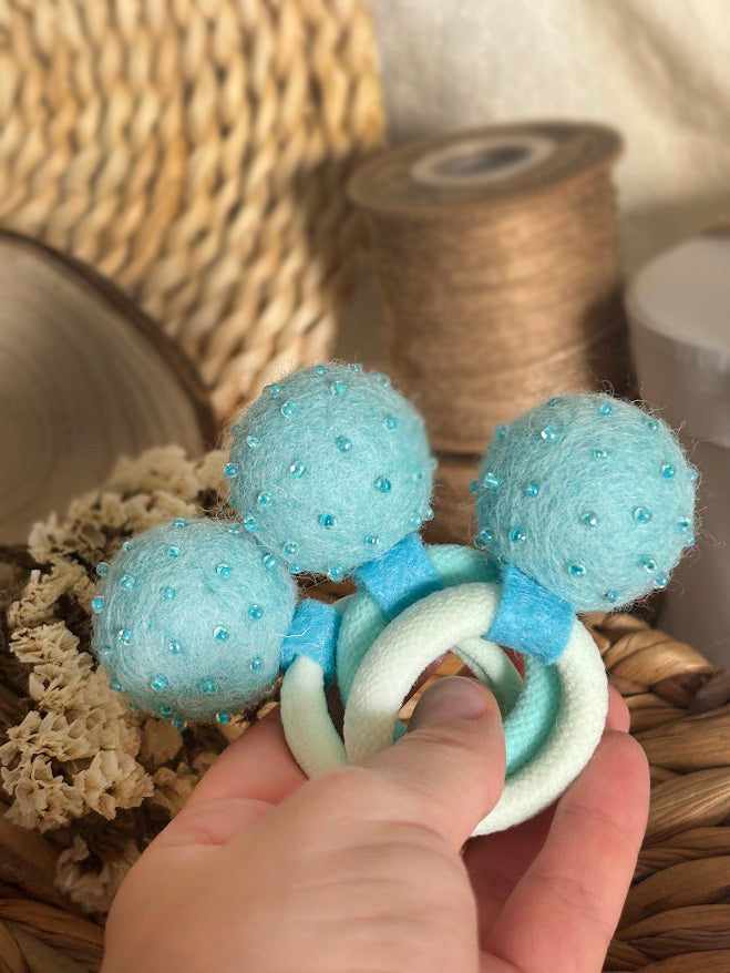 Mint Turquoise Pom Pom Hair Ties, Set of 2, with Blue Beads