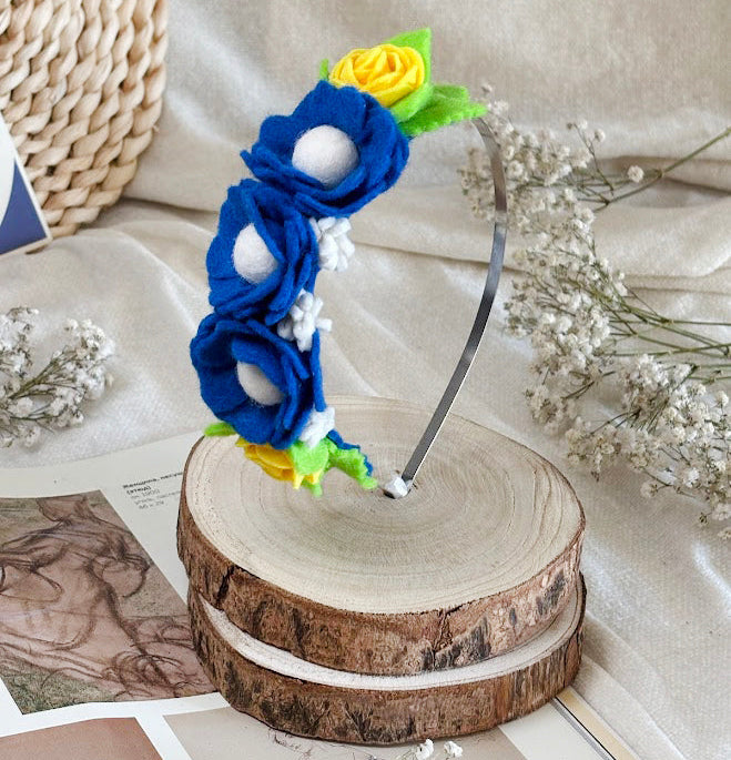 Handmade Girls Side Rose Hair Band - Blue & Yellow