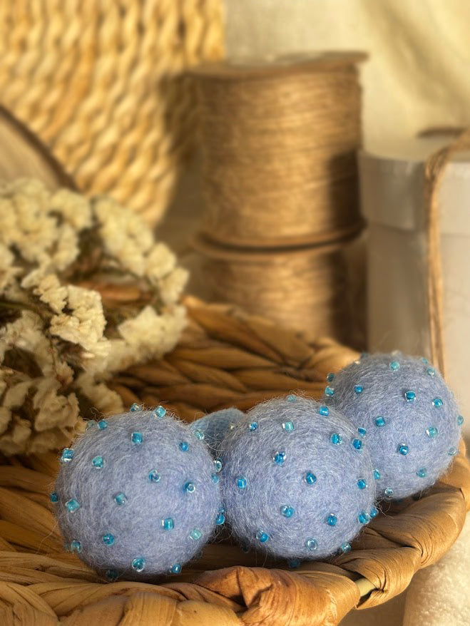 Light Blue Pom Pom Hair Ties, Set of 2, with Turquoise Beads