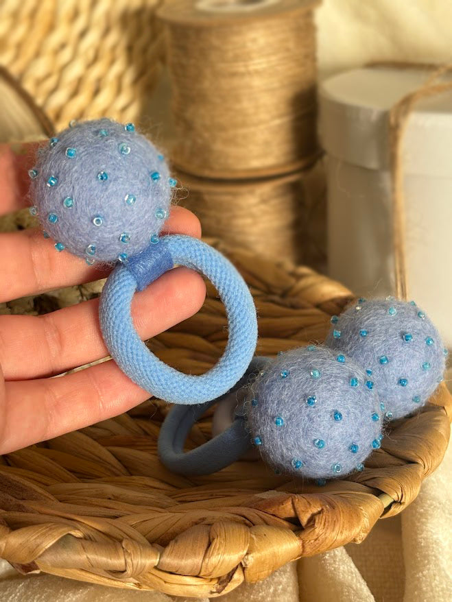 Light Blue Pom Pom Hair Ties, Set of 2, with Turquoise Beads