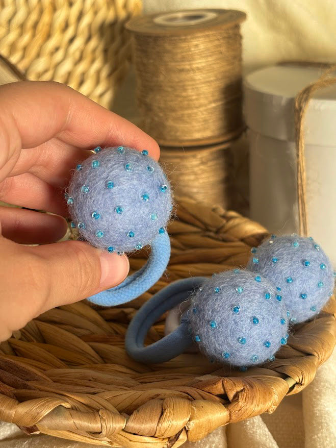 Light Blue Pom Pom Hair Ties, Set of 2, with Turquoise Beads