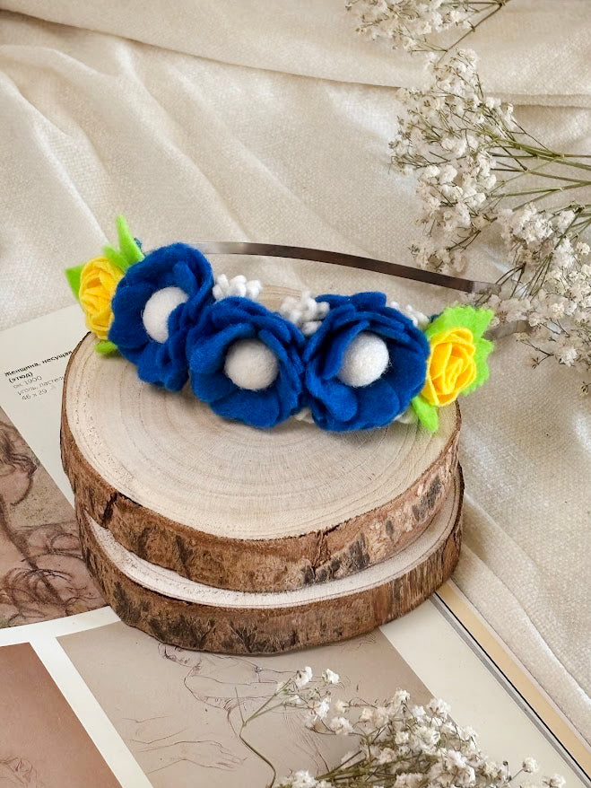 Handmade Girls Side Rose Hair Band - Blue & Yellow