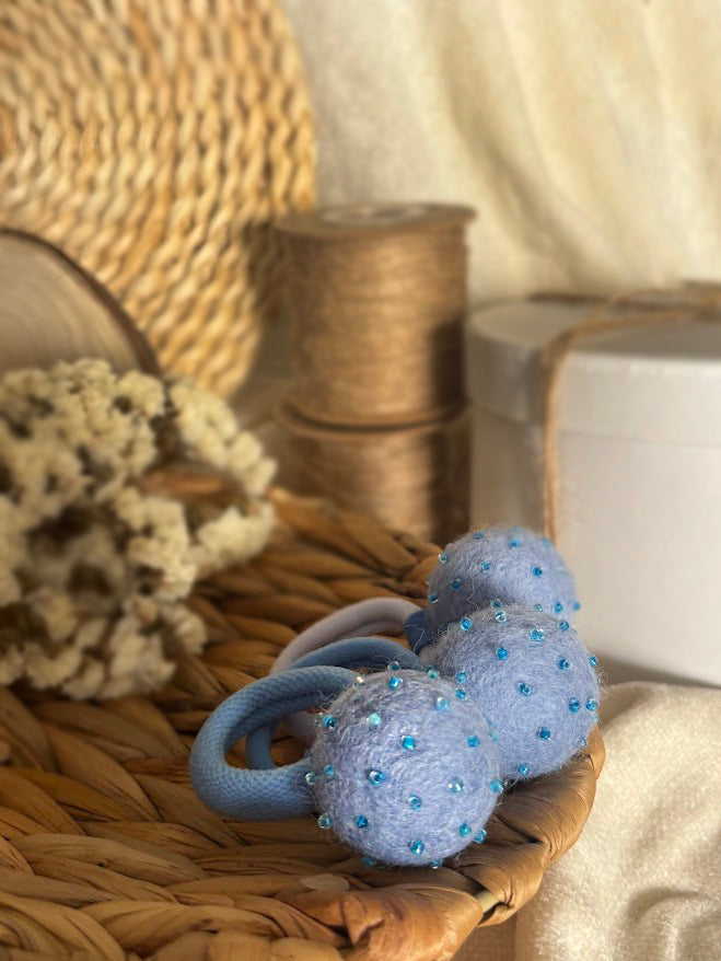 Light Blue Pom Pom Hair Ties, Set of 2, with Turquoise Beads
