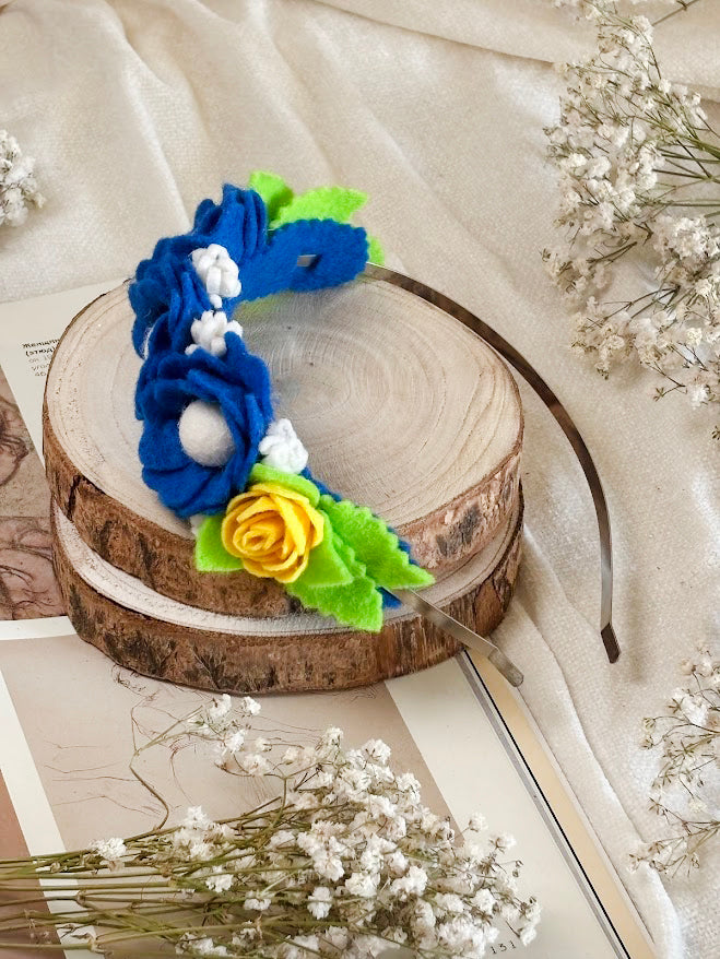 Handmade Girls Side Rose Hair Band - Blue & Yellow