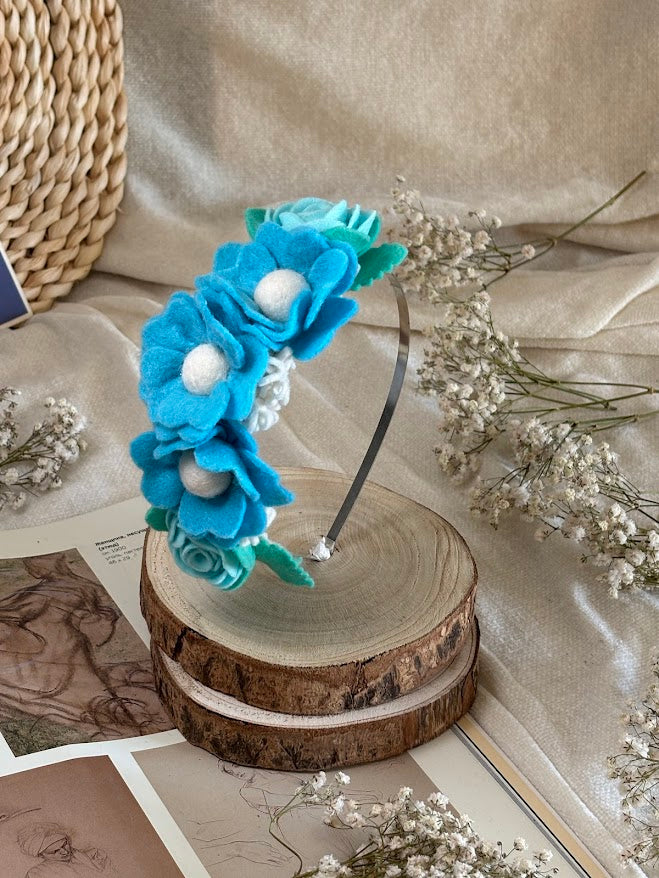 Handmade Girls Side Flower Hair Band - Sky Blue & White