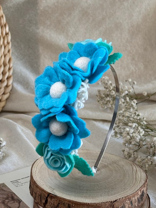 Handmade Girls Side Flower Hair Band - Sky Blue & White