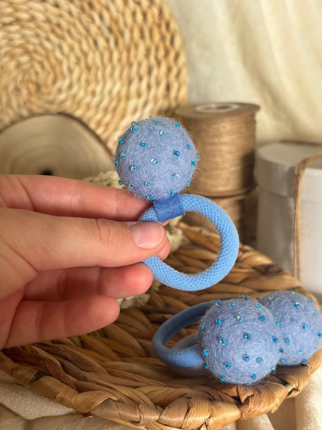 Light Blue Pom Pom Hair Ties, Set of 2, with Turquoise Beads