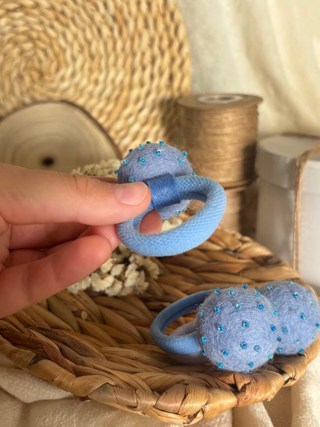 Light Blue Pom Pom Hair Ties, Set of 2, with Turquoise Beads