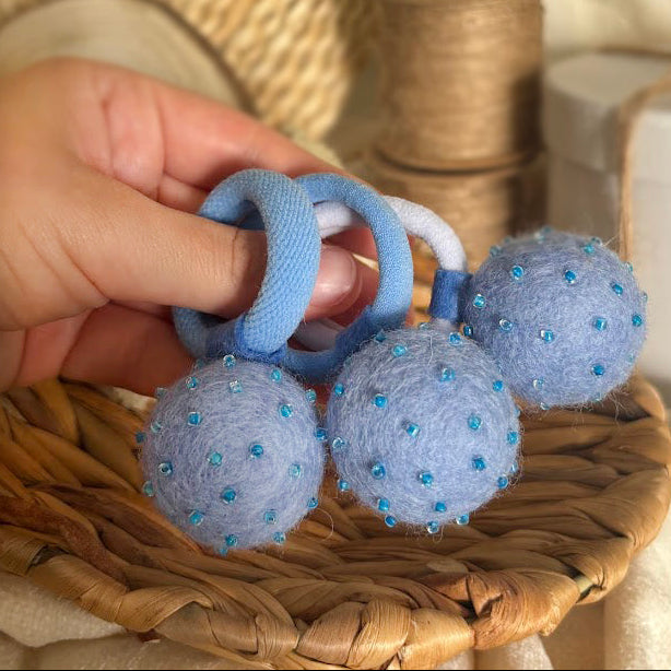 Light Blue Pom Pom Hair Ties, Set of 2, with Turquoise Beads
