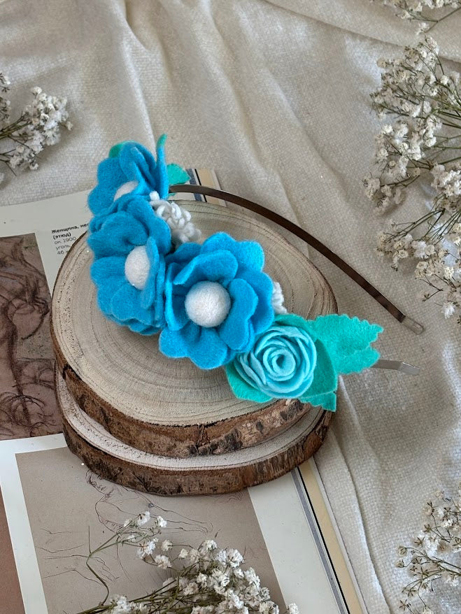 Handmade Girls Side Flower Hair Band - Sky Blue & White