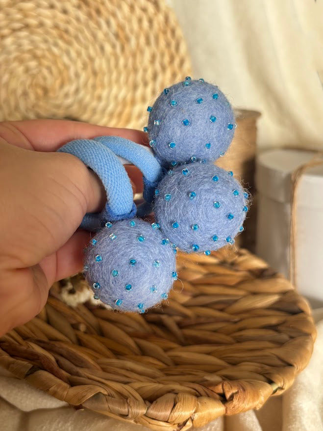 Light Blue Pom Pom Hair Ties, Set of 2, with Turquoise Beads