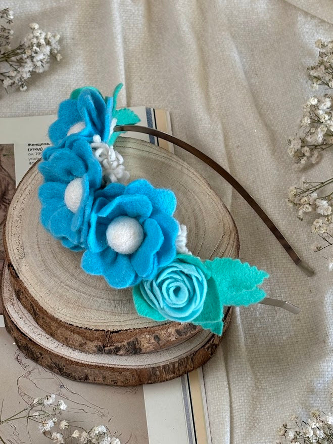 Handmade Girls Side Flower Hair Band - Sky Blue & White