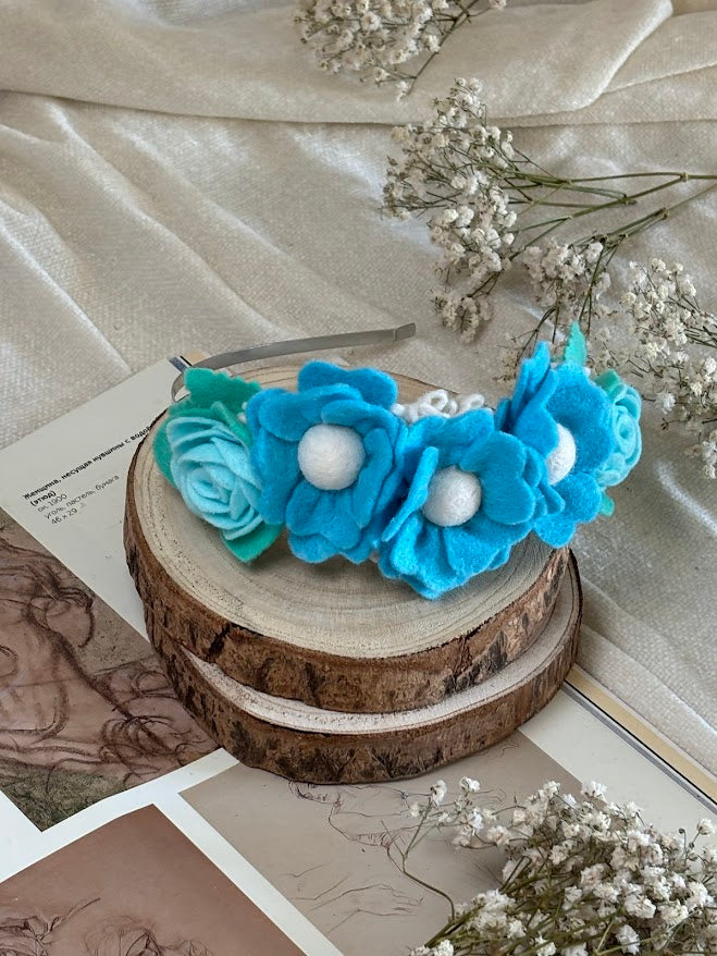 Handmade Girls Side Flower Hair Band - Sky Blue & White