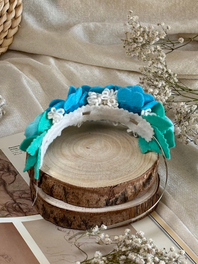 Handmade Girls Side Flower Hair Band - Sky Blue & White