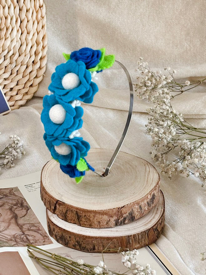 Handmade Girls Side Rose Hair Band - Blue Mix
