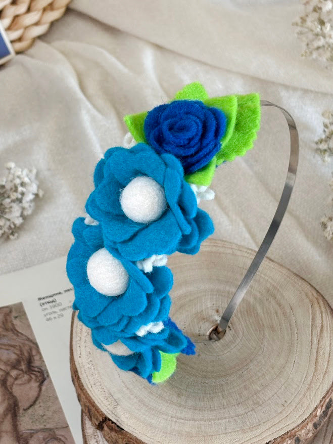 Handmade Girls Side Rose Hair Band - Blue Mix