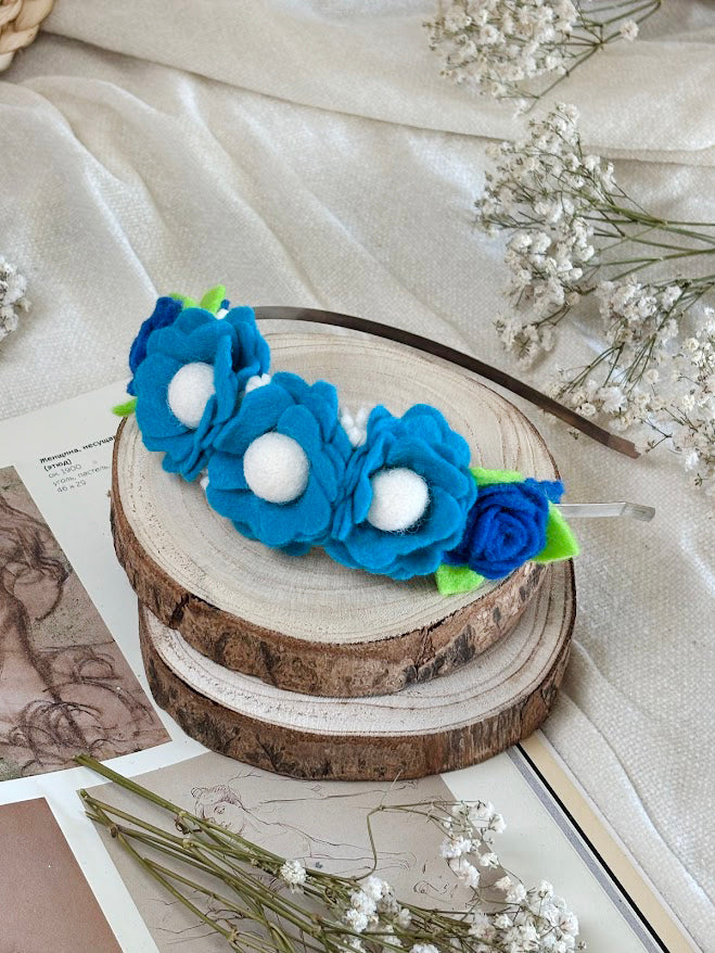 Handmade Girls Side Rose Hair Band - Blue Mix